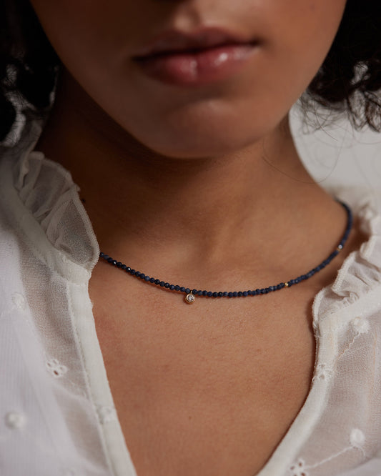 14K Solid Gold Sapphire Necklace With Diamond