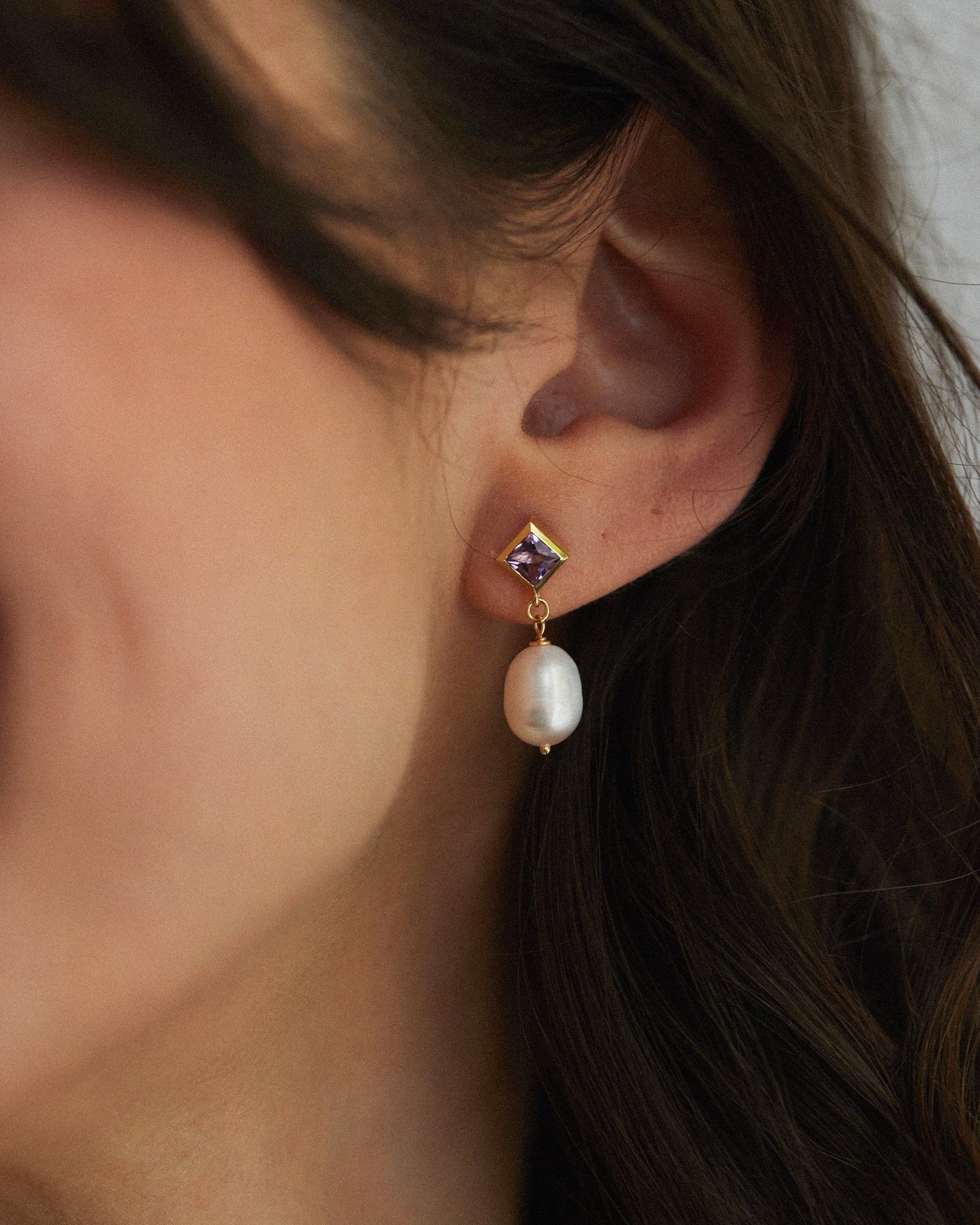 Amethyst And Pearl Drop Stud Earrings