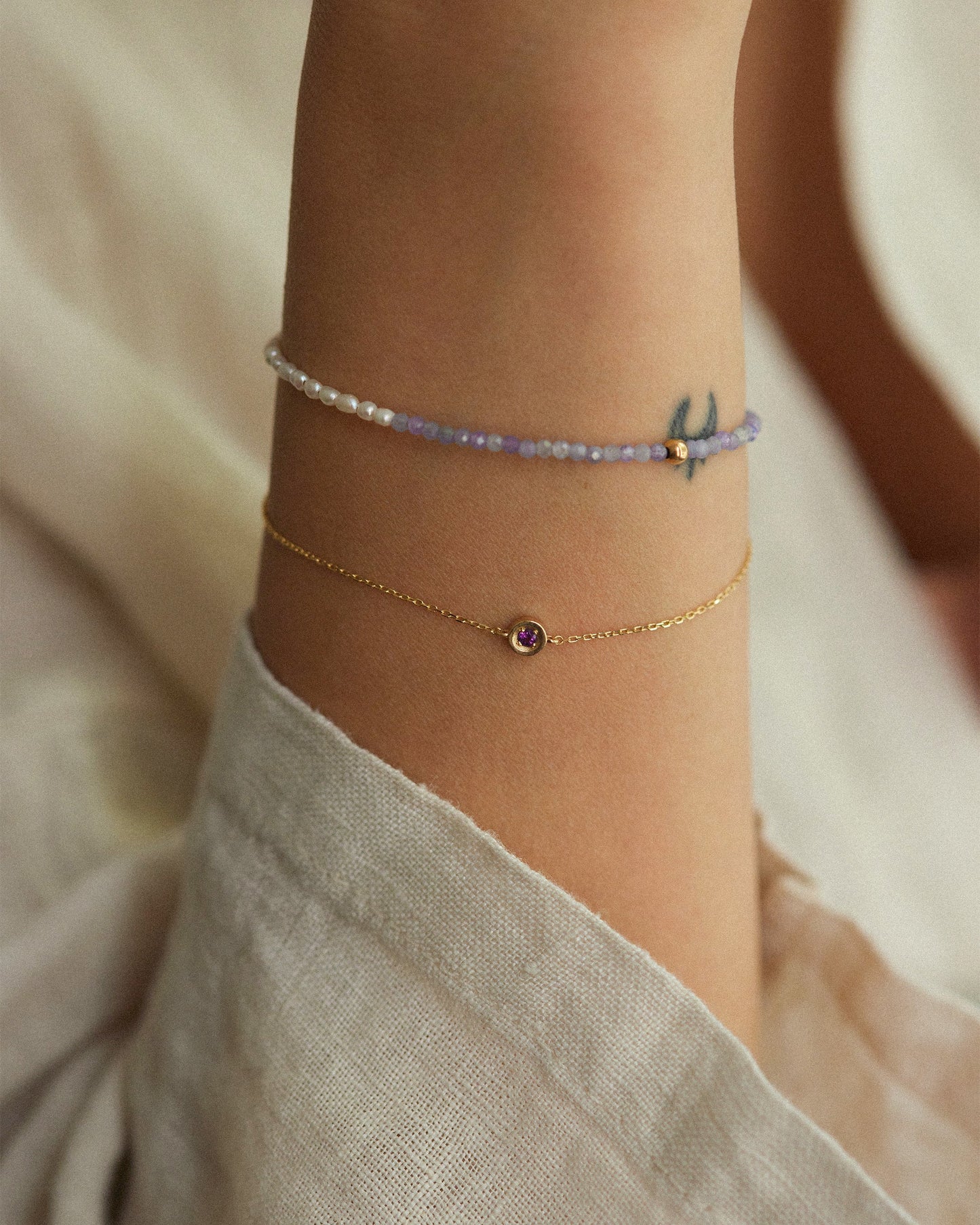 14K Solid Gold Pearl & Tanzanite Bracelet