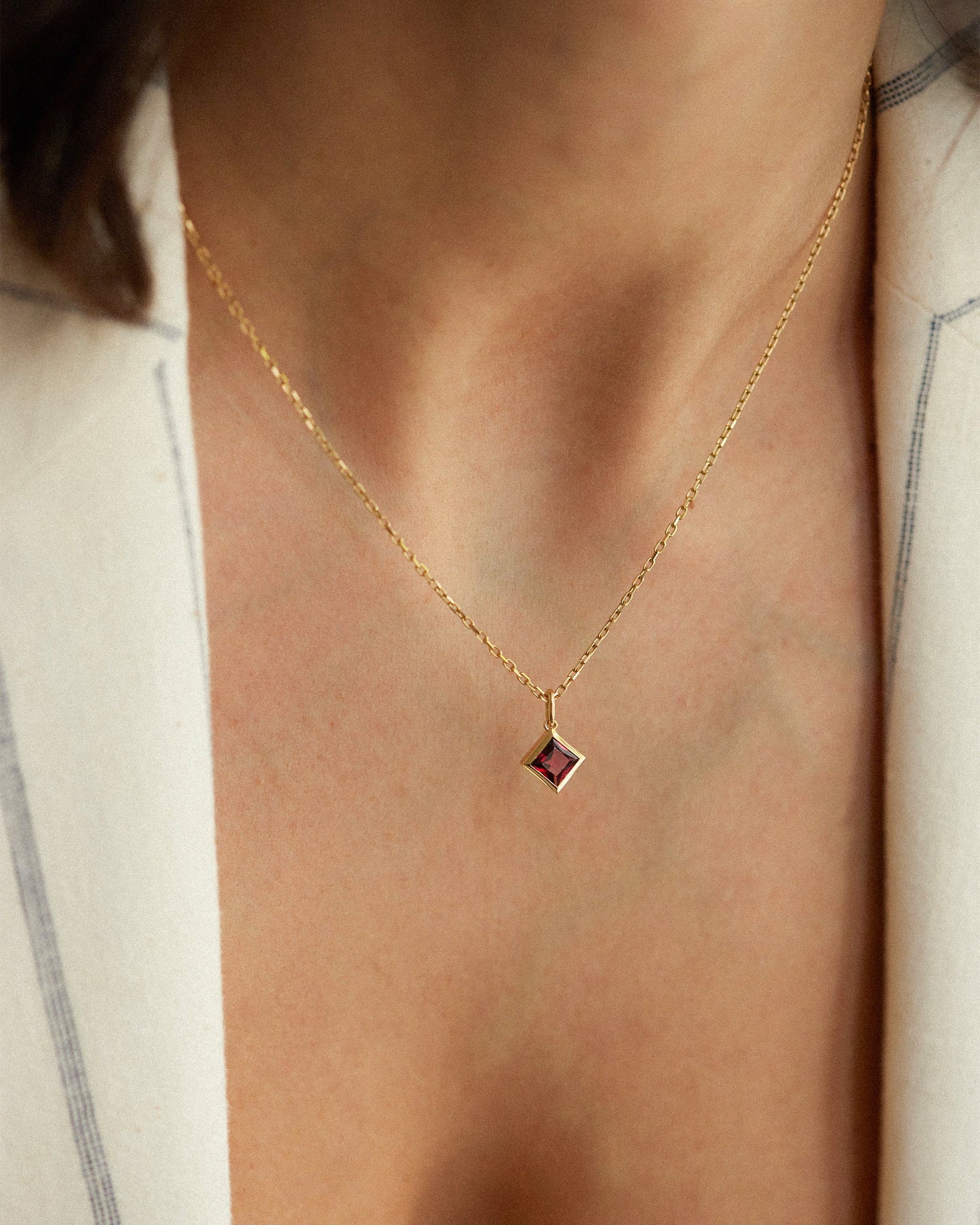 Square Garnet Pendant Necklace