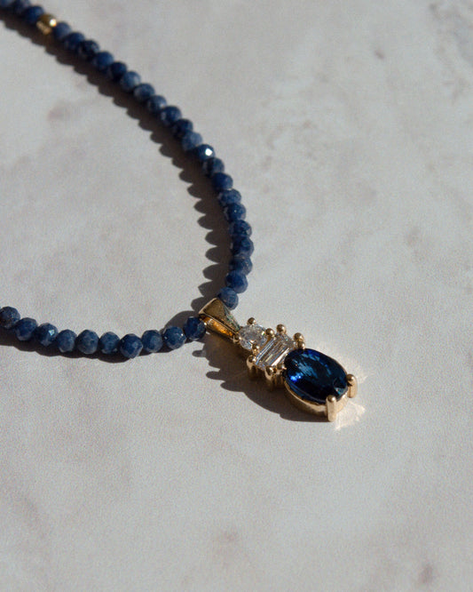 14K Solid Gold Sapphire & Diamonds Necklace