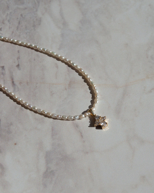 14K Solid Gold Pearl Necklace With Pear Cut Diamonds