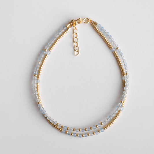 silver double aquamarine bracelet, beaded bracelet with aquamarine and gold plated beads