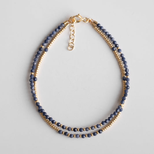 double gold plated bracelet with sapphire beads, silver double bracelet with blue stone,