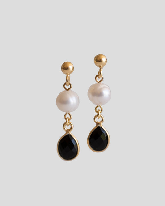 gold vermeil drop earrings with oval pearls and black quartz