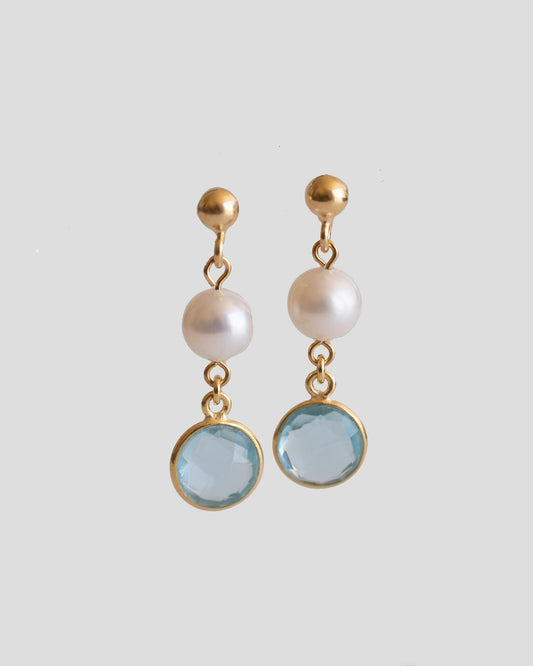 gold vermeil drop earrings with pearls and light blue stone