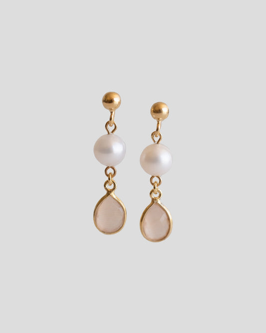 gold vermeil drop earrings with beige quartz and pearls