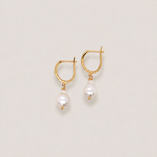 14K Solid Gold Leverback Pearl Earrings