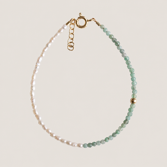 14K Solid Gold Pearl & Emerald Bracelet