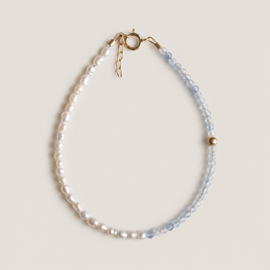 14K Solid Gold Pearl & Aquamarine Bracelet