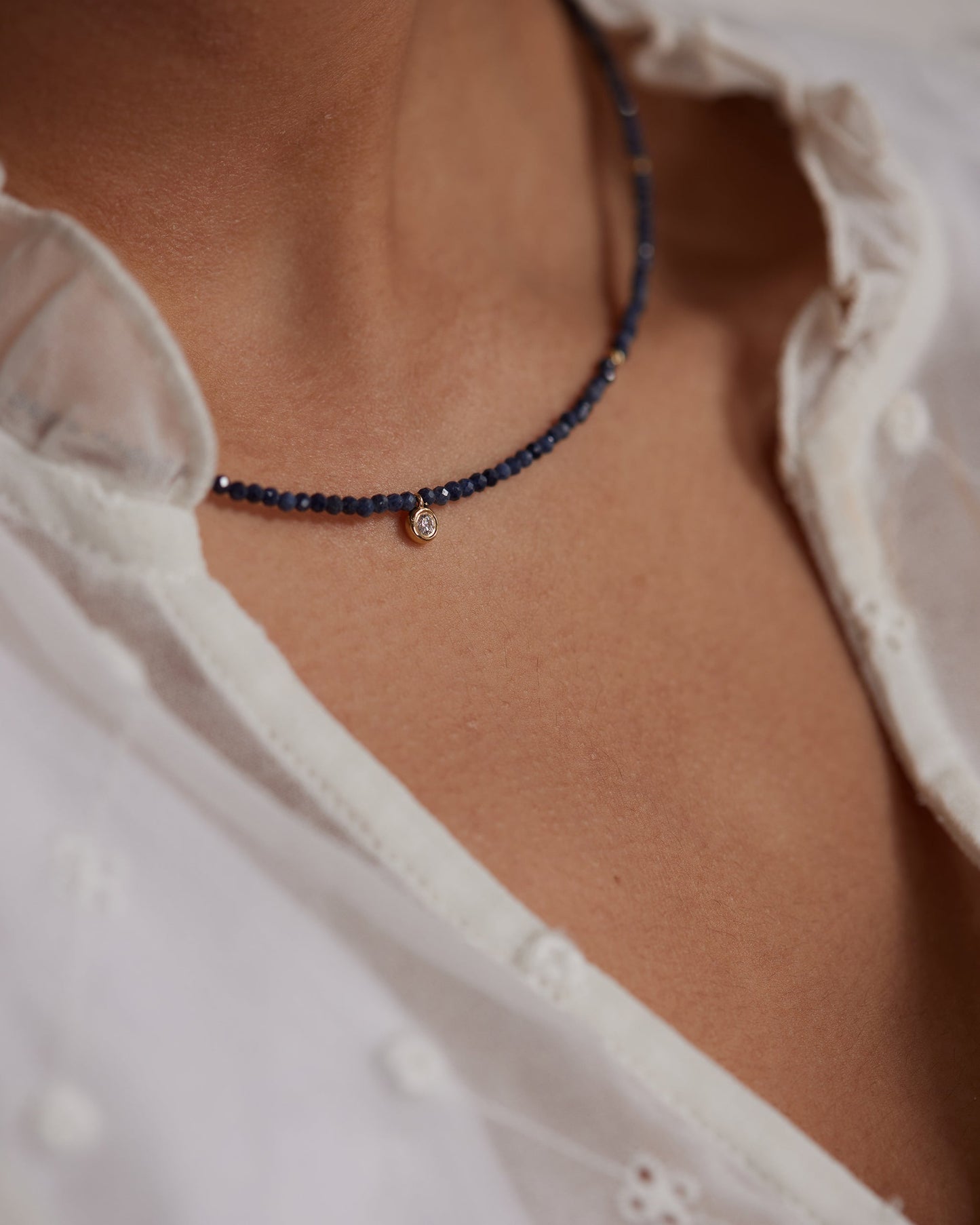 14K Solid Gold Sapphire Necklace With Diamond