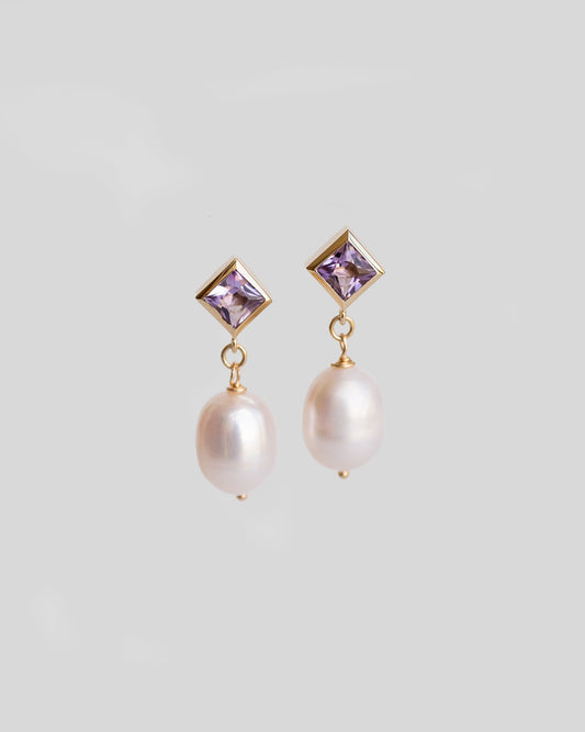 pair of gold stud earrings with purple gemstone amethyst and pearls