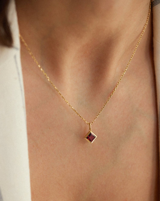 Square Garnet Pendant Necklace