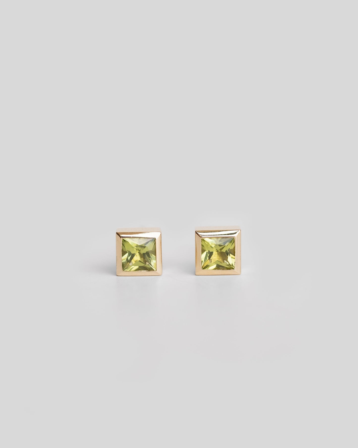 pair of gold square stud earrings with green peridot, green gemstone stud earrings 