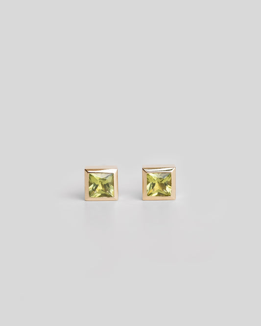 pair of gold square stud earrings with green peridot, green gemstone stud earrings
