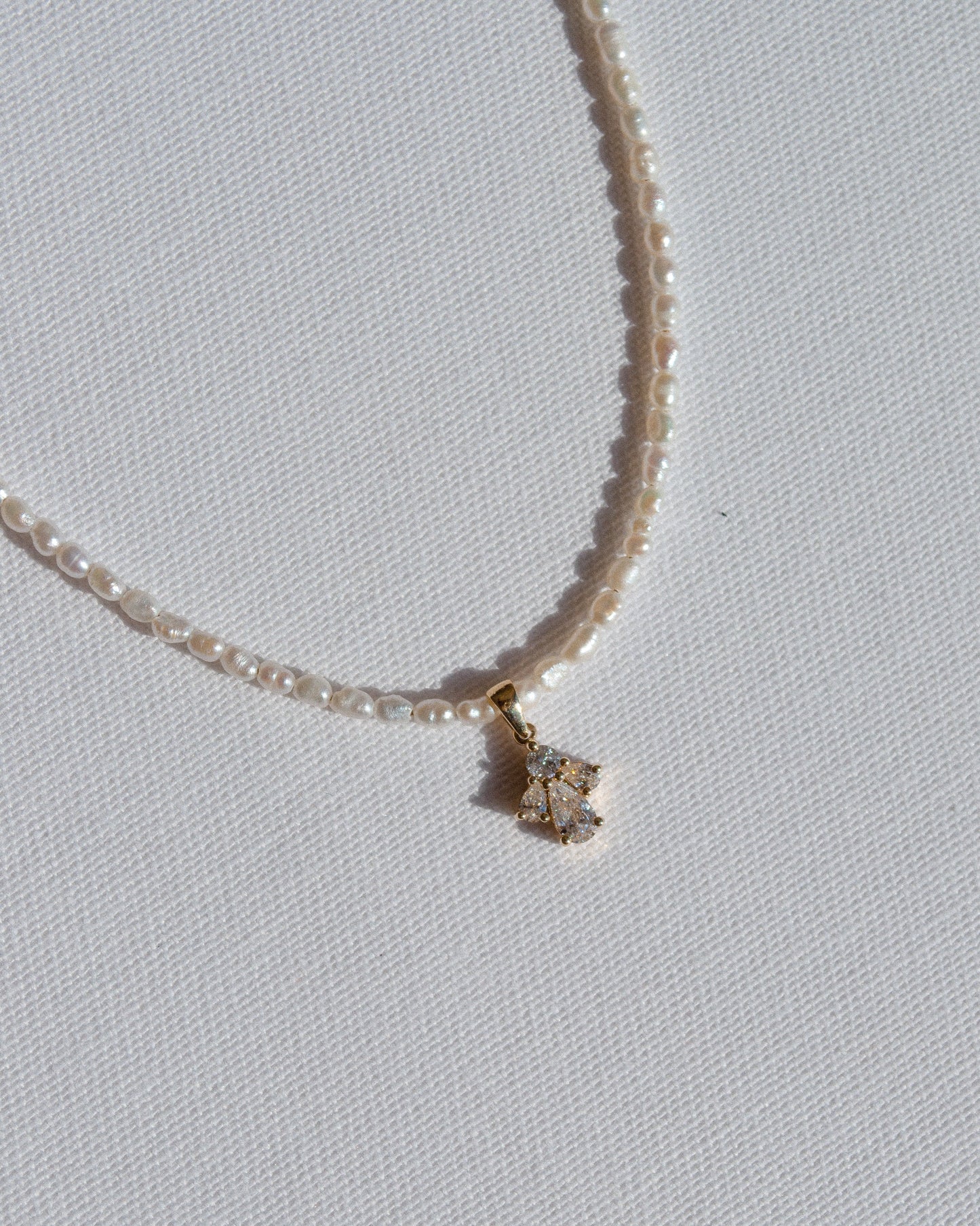 14K Solid Gold Pearl Necklace With Pear Cut Diamonds
