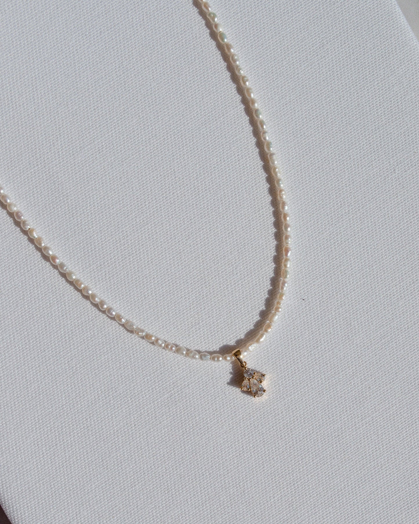 14K Solid Gold Pearl Necklace With Pear Cut Diamonds