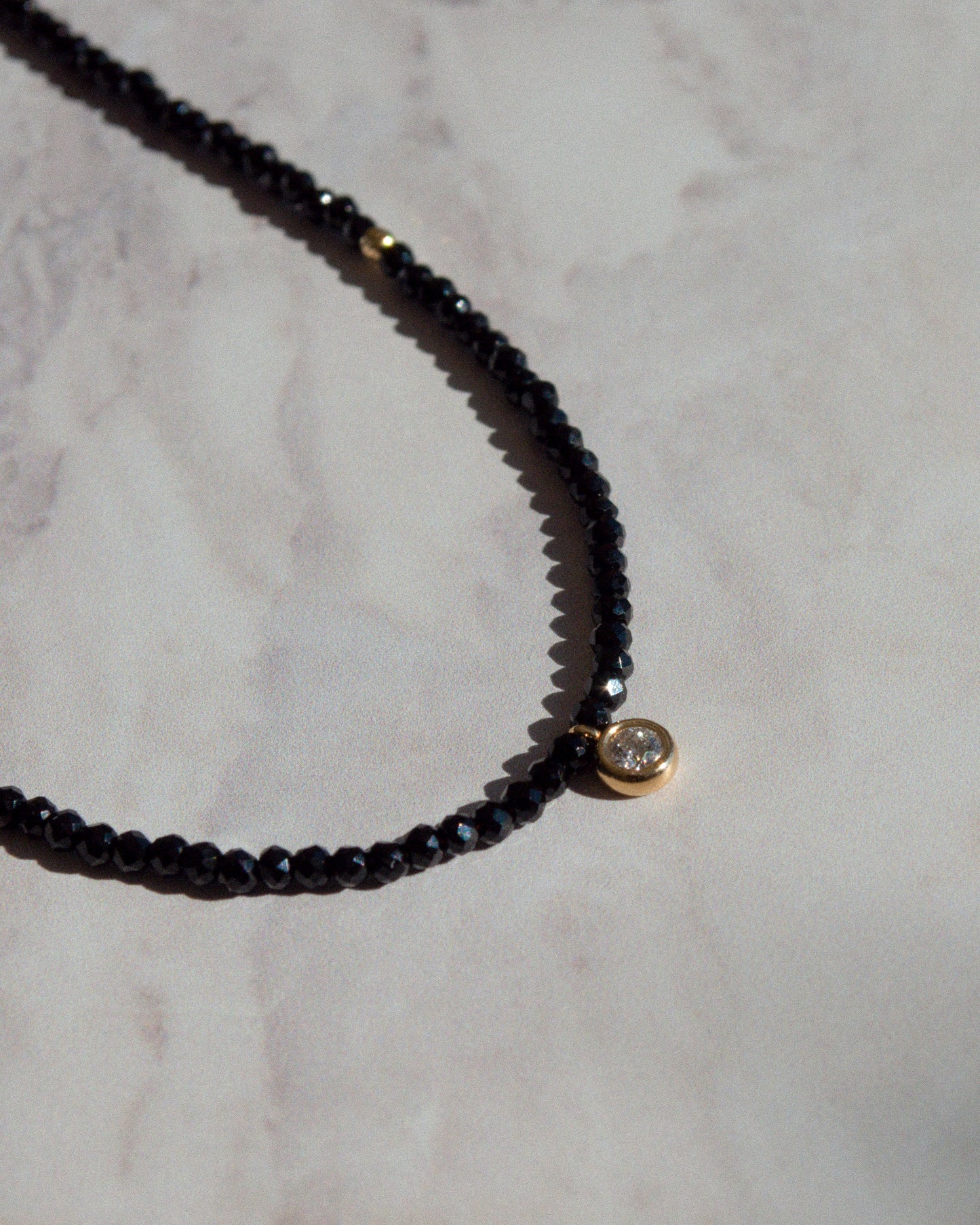 14K Solid Gold Black Spinel Necklace With Diamond
