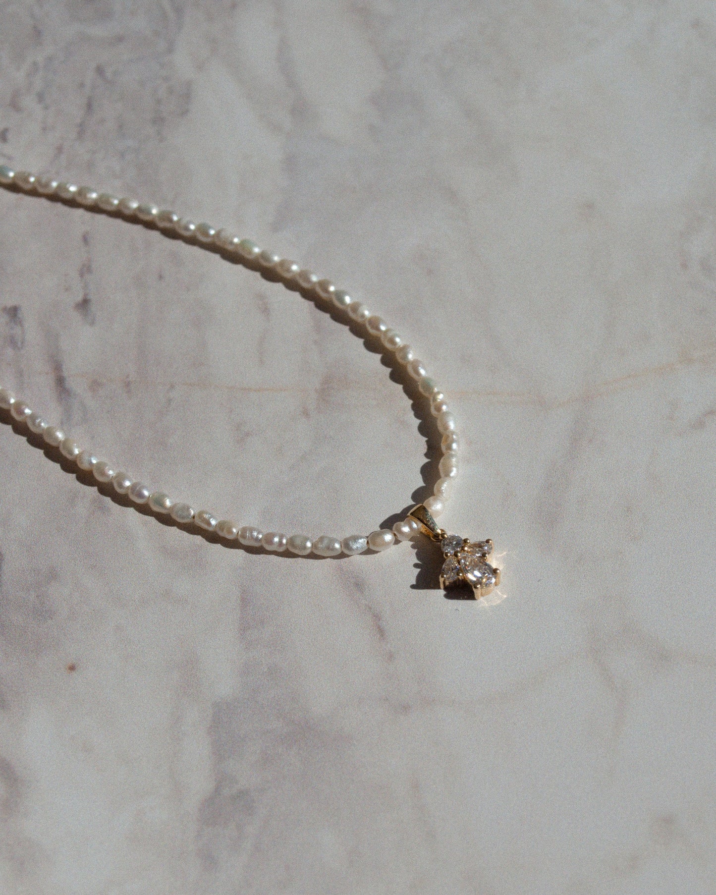 14K Solid Gold Pearl Necklace With Pear Cut Diamonds