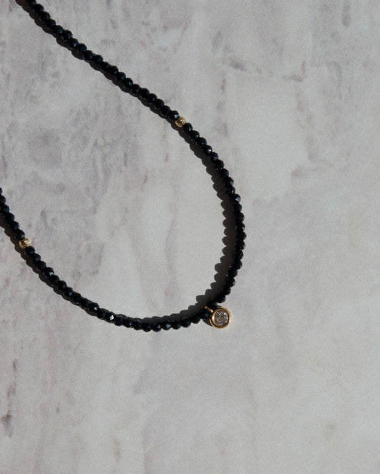 14K Solid Gold Black Spinel Necklace With Diamond