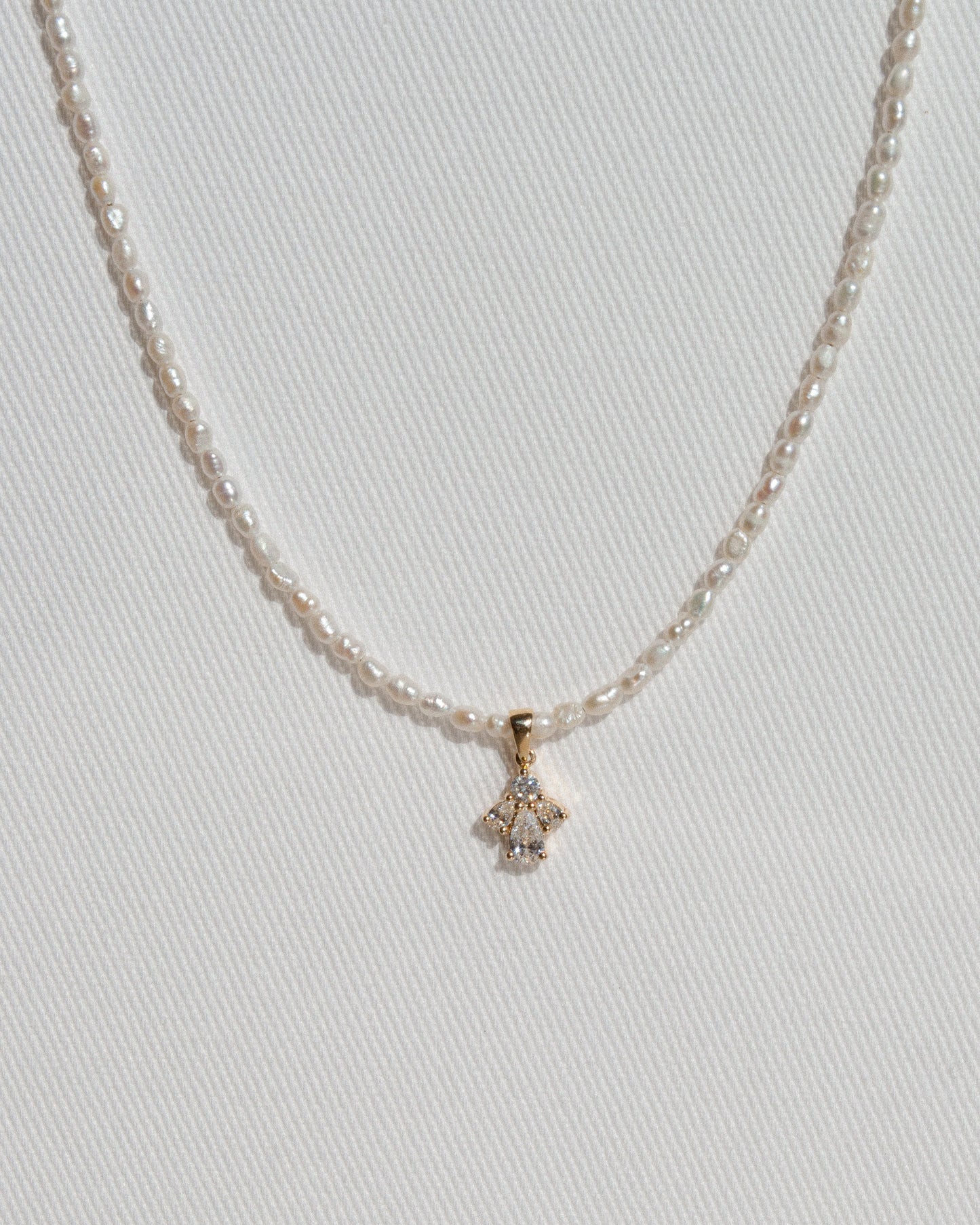 14K Solid Gold Pearl Necklace With Pear Cut Diamonds