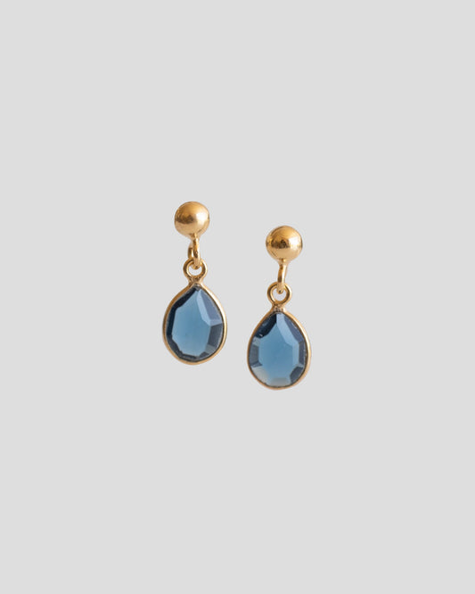 drop earrings with royal blue gemstone and gold plated ball 