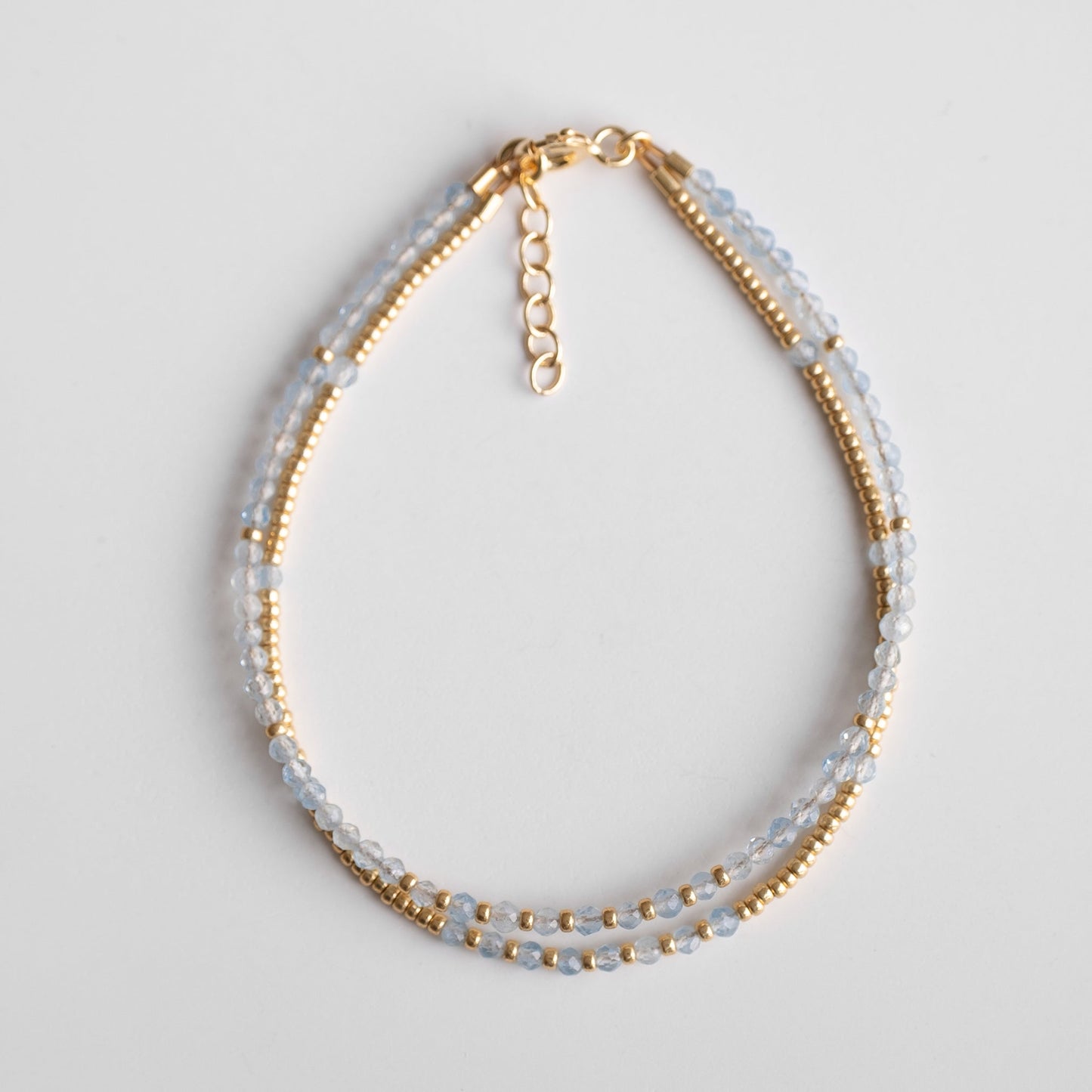 silver double aquamarine bracelet, beaded bracelet with aquamarine and gold plated beads