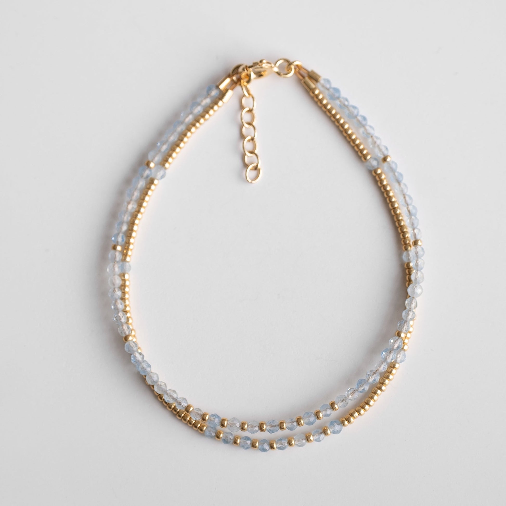 silver double aquamarine bracelet, beaded bracelet with aquamarine and gold plated beads