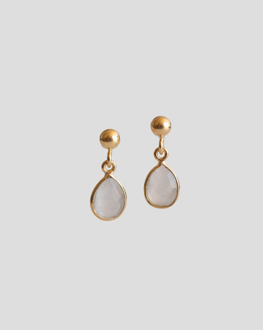 gentle gold vermeil drop earrings with light grey quartz and gold plated ball 