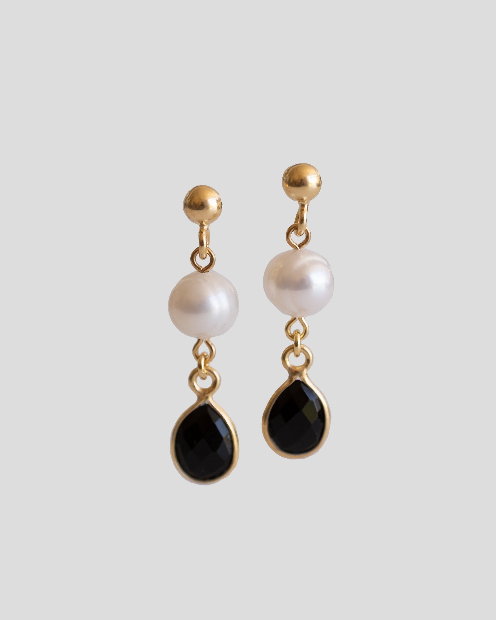 gold vermeil drop earrings with oval pearls and black quartz 