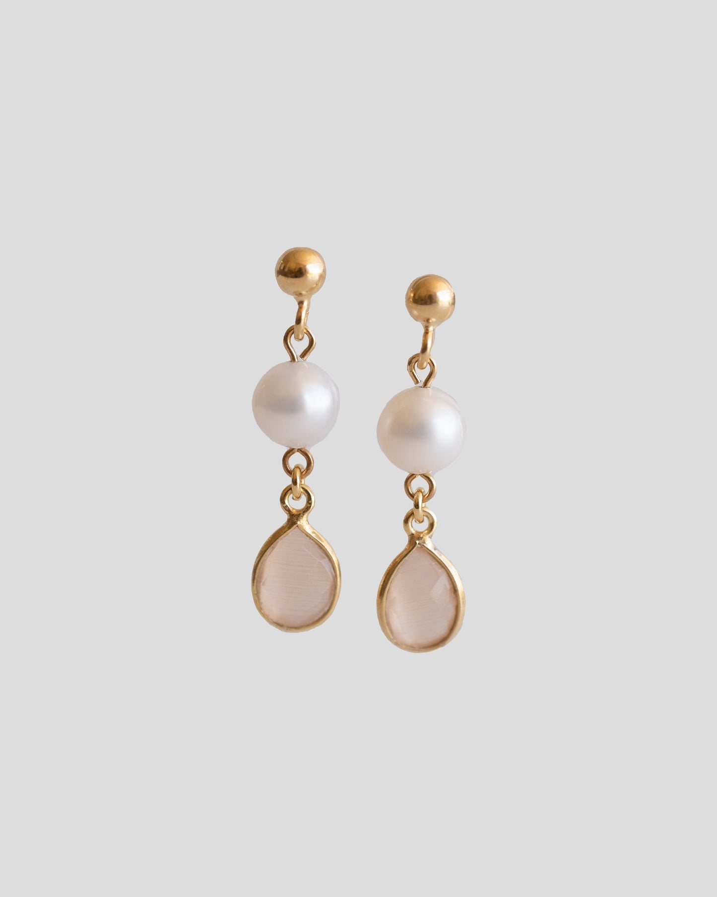 gold vermeil drop earrings with beige quartz and pearls 