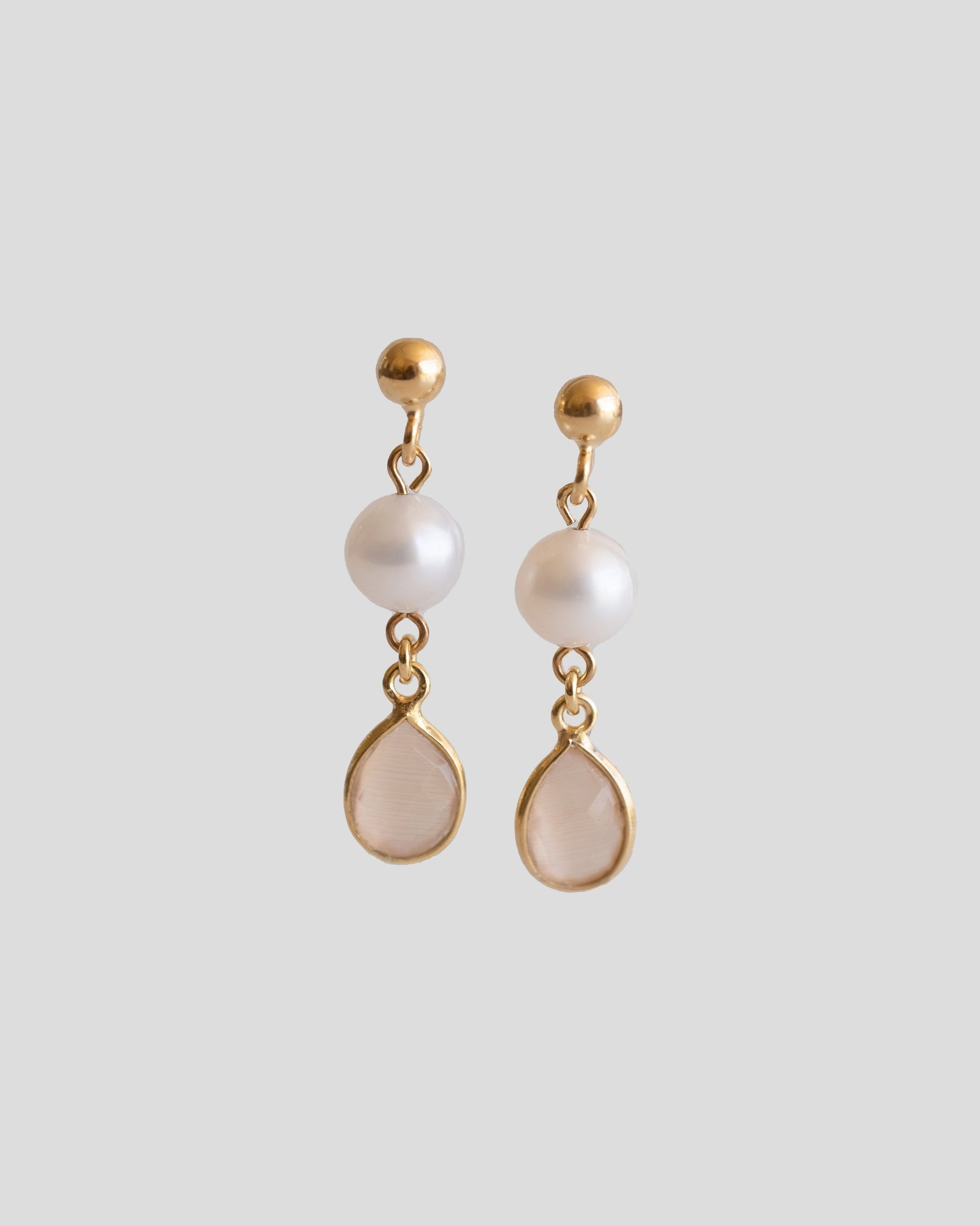 gold vermeil drop earrings with beige quartz and pearls 