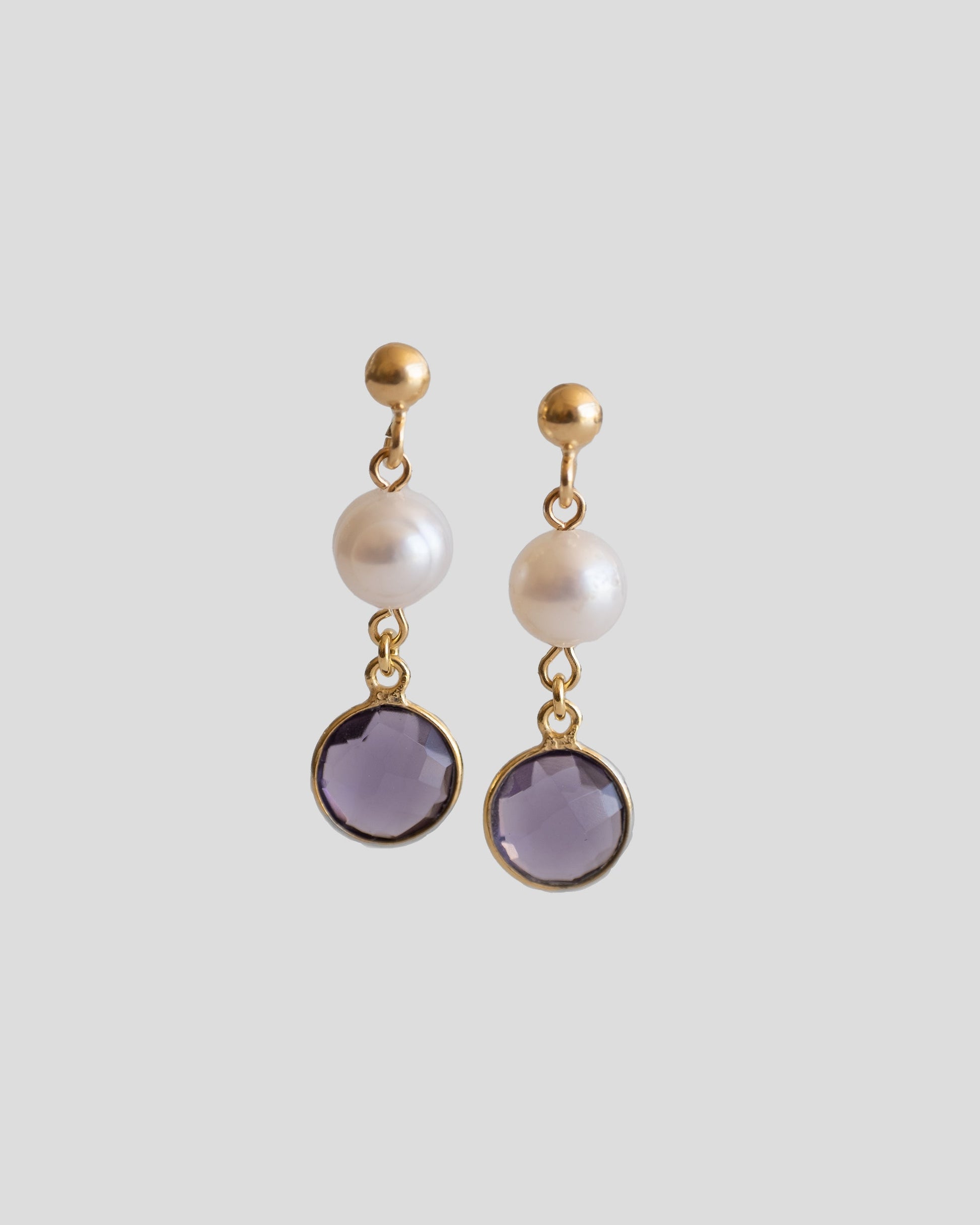 gold vermeil dangle earrings with round pearls and round purple quartz 